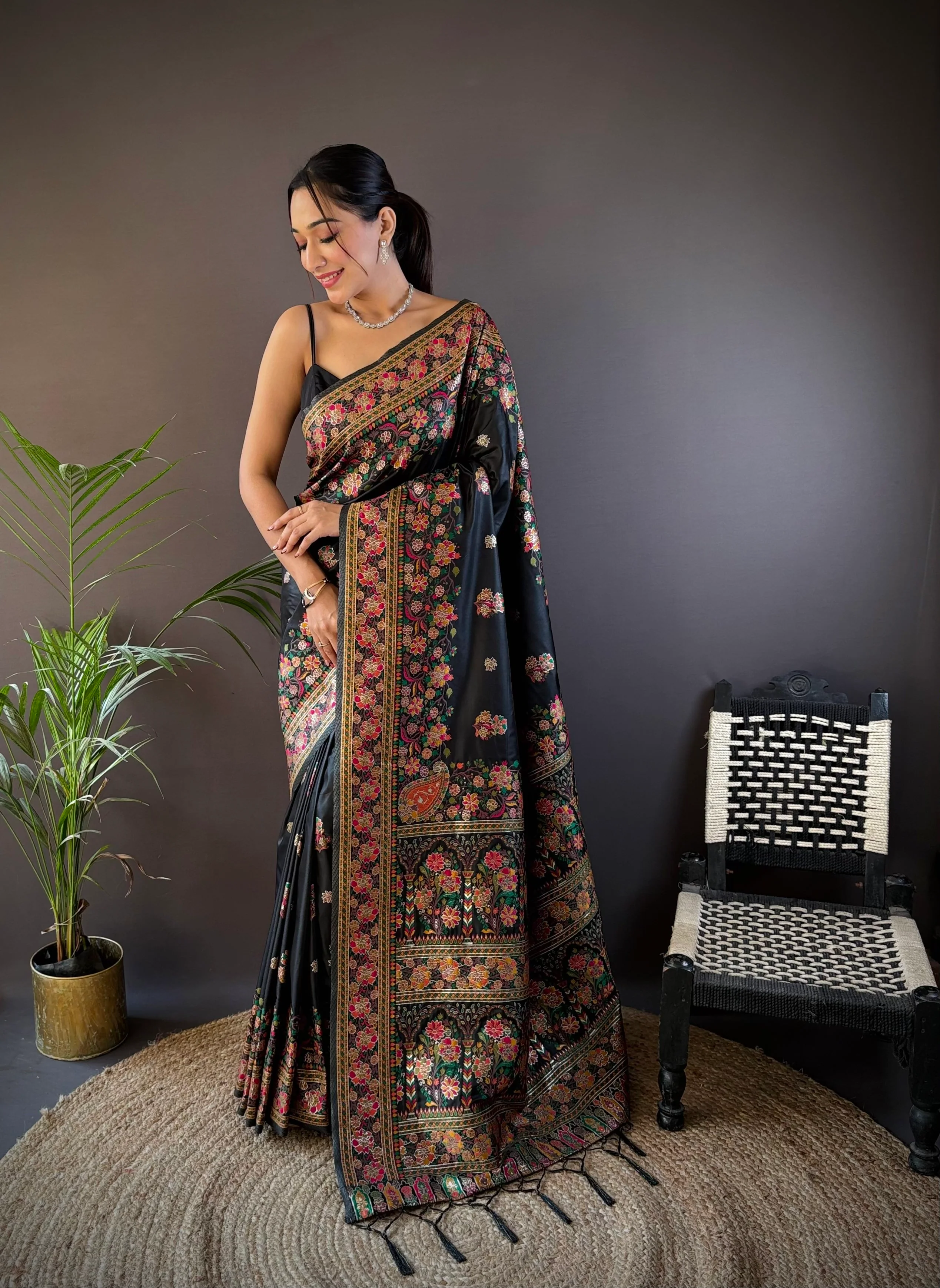 Black Pashmina Silk Kashmiri Meena Work Saree